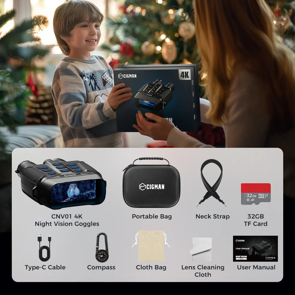 CNV01 4K Night Vision Binoculars 600M Range 3.99" HD Display 5X Digital Zoom Infrared Spotlight 512GB Expandable Memory Rechargeable Battery
