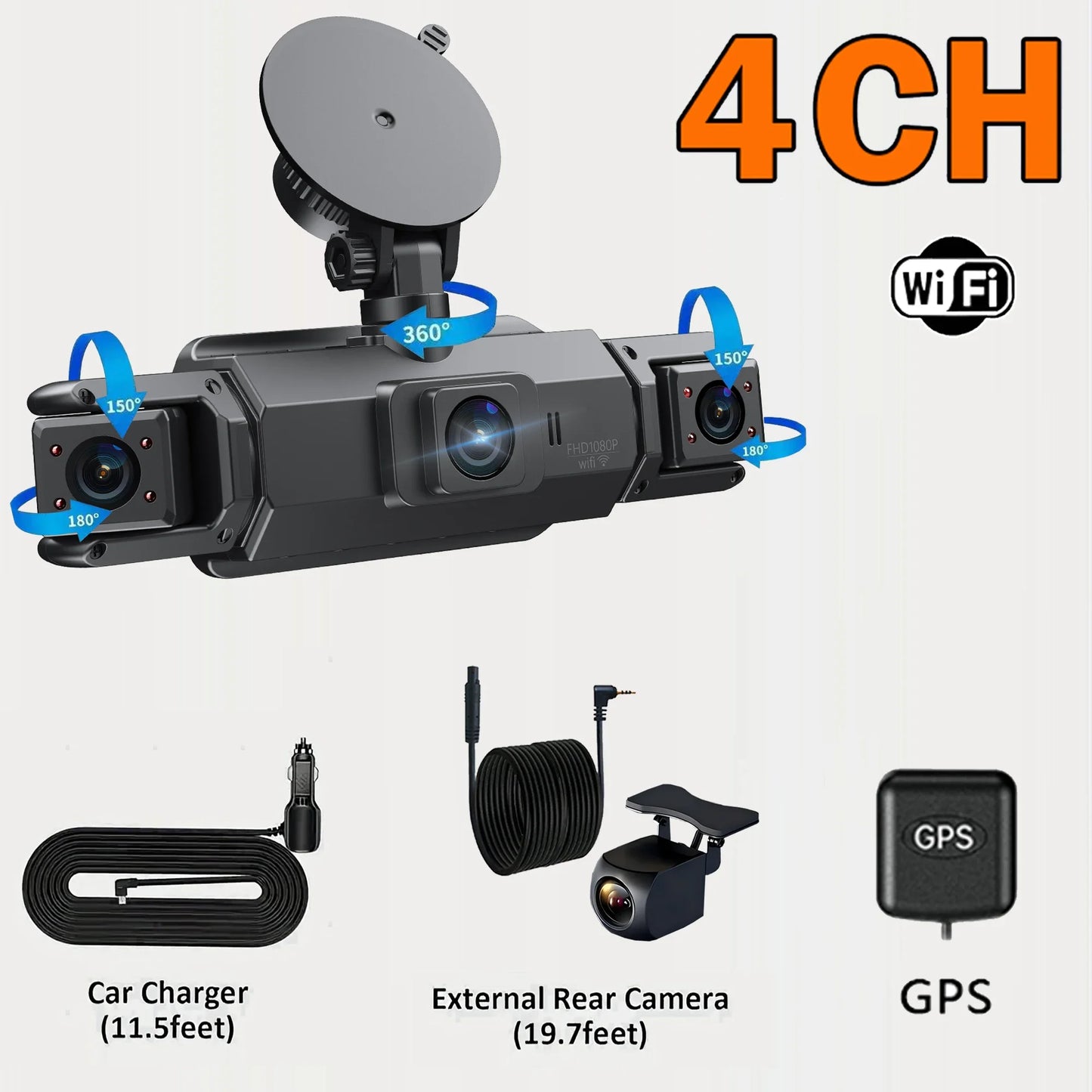 360° 4CH GPS Dashcam with WiFi, Night Vision & 24H Parking Monitor - Complete Car Security Solution!
