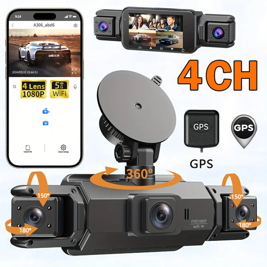 360° 4CH GPS Dashcam with WiFi, Night Vision & 24H Parking Monitor - Complete Car Security Solution!