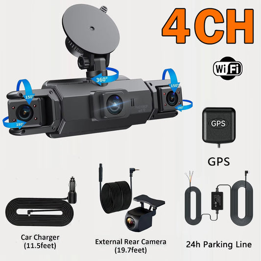 360° 4CH GPS Dashcam with WiFi, Night Vision & 24H Parking Monitor - Complete Car Security Solution!